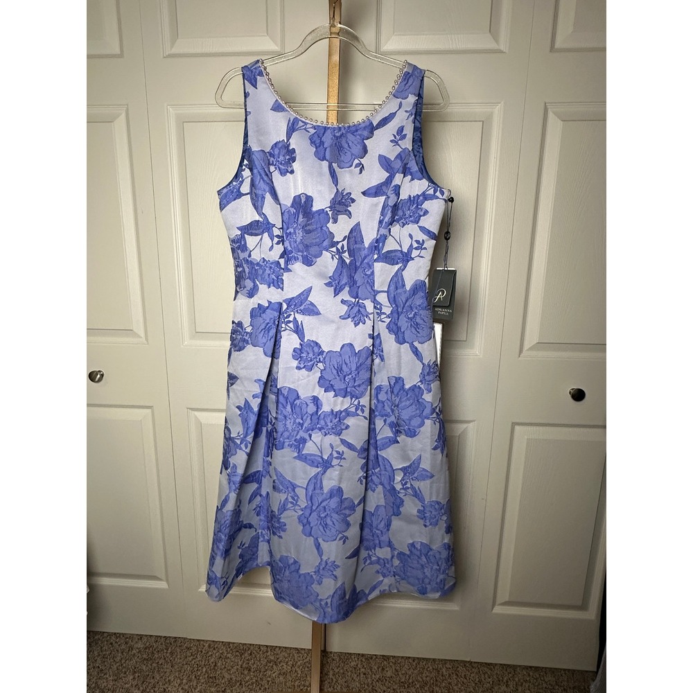 Adrianna Papell Floral‎ Dress Women's Sleeveless Blue White Fit Flare Pearl Sz 2